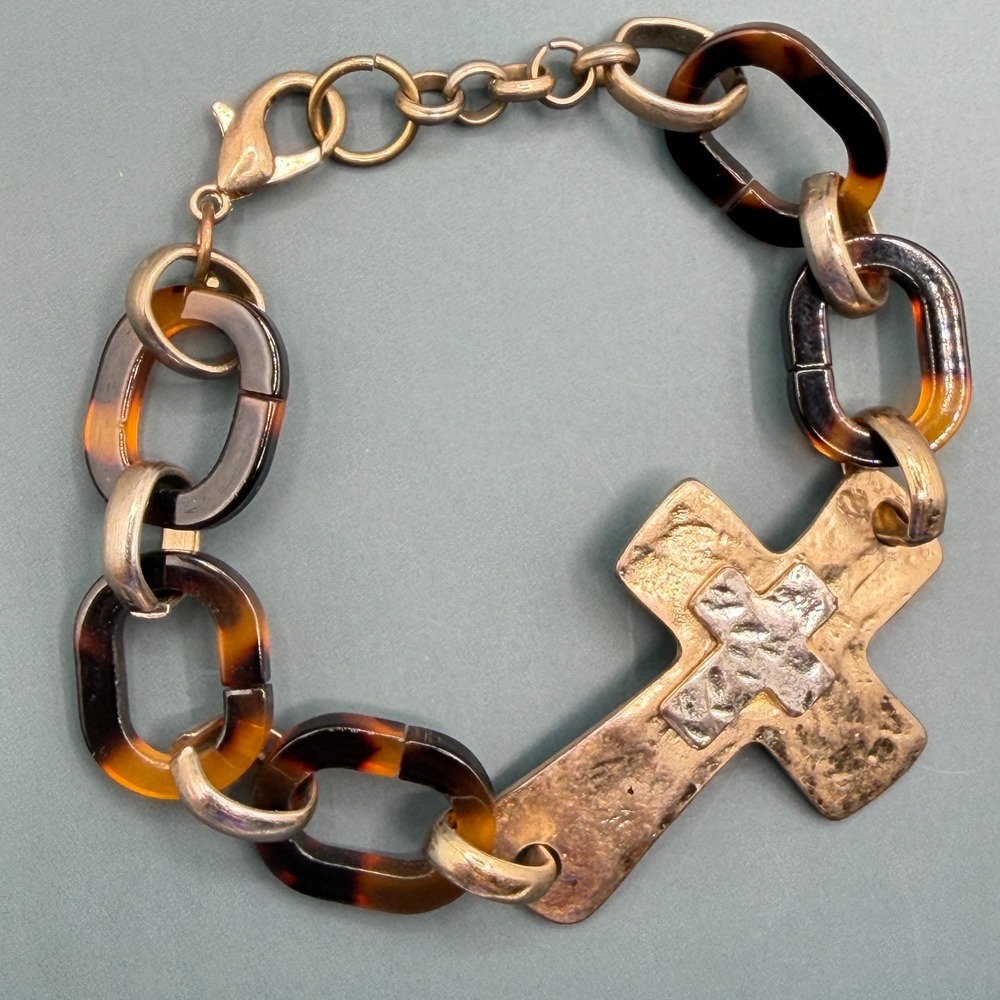Tortoise Resin Link Cross Bracelet Gold Tone Chunky Boho Statement Vintage Style